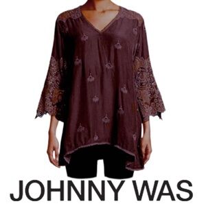 JOHNNY WAS | Jay Jay V-Neck Eyelet Tunic Top Boho Rayon Crochet Beach Resort
